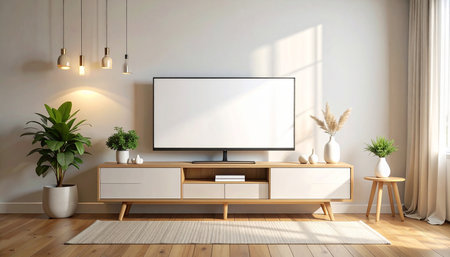 TV on cabinet in modern living room. 3d rendering illustration.の素材