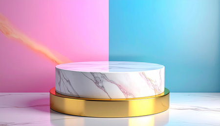 3d rendering of a white marble podium with pink and blue backgroundの素材