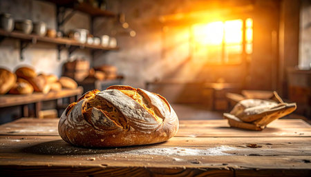 Freshly baked bread on wooden table in bakery. Bakery backgroundの素材