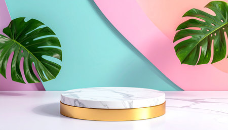 3d render, abstract minimal geometric forms. Glossy white marble podium with monstera leaves on pastel background. Fashion show stage,pedestal or platform for product presentation.の素材