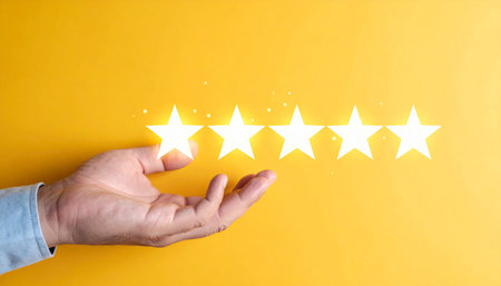 Customer reviews concept with hand pointing to five stars on yellow background.の素材