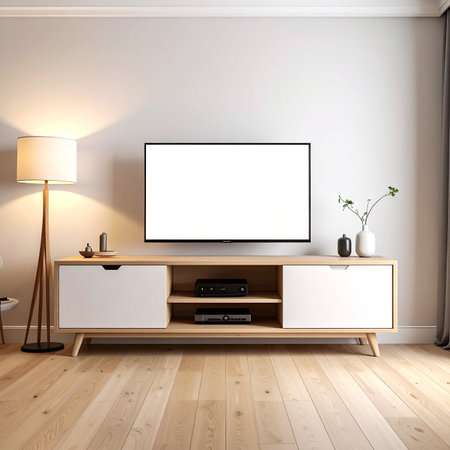 TV on the wall in the living room. 3d rendering.の素材