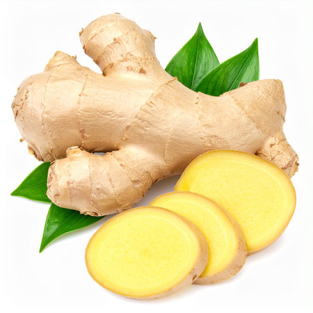 Ginger root and slices isolated on white background with clipping path.の素材