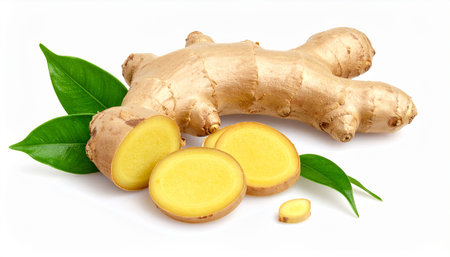 Fresh ginger root with green leaves isolated on white background. Clipping pathの素材