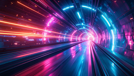 abstract futuristic tunnel with motion blur on the road. 3d renderingの素材