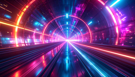3d illustration of futuristic tunnel with glowing lights and fast moving carsの素材