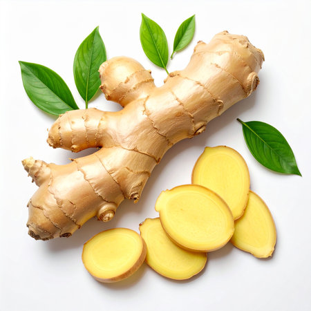 Fresh ginger root and slices isolated on white background. Top view.の素材