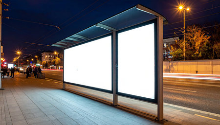 Blank billboard on bus stop at night in Bucharest, Romaniaの素材