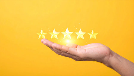 Hand holding five star rating on yellow background, customer review and satisfaction conceptの素材