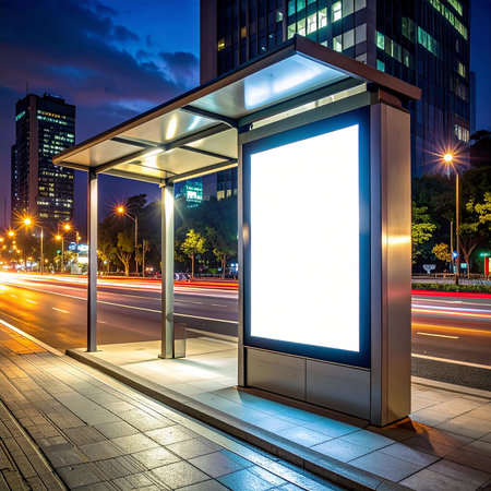 Blank billboard on bus stop at night in Shanghai,China.の素材