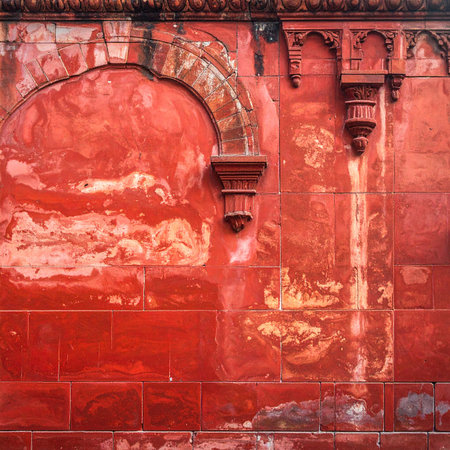 old red brick wall with a decorative element, closeup of photoの素材