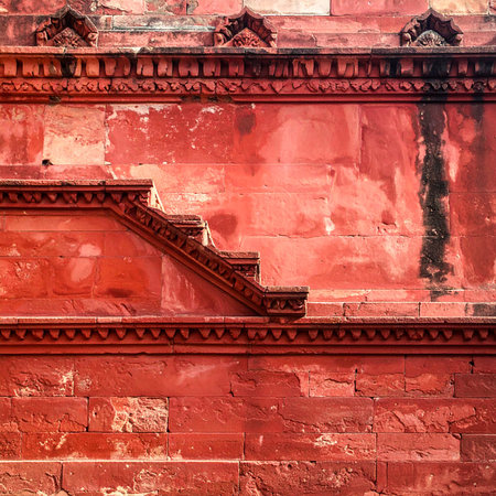 Red brick wall of the ancient temple. Architectural background and texture.の素材
