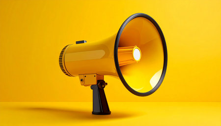 Megaphone isolated on yellow background. 3d render illustration.の素材