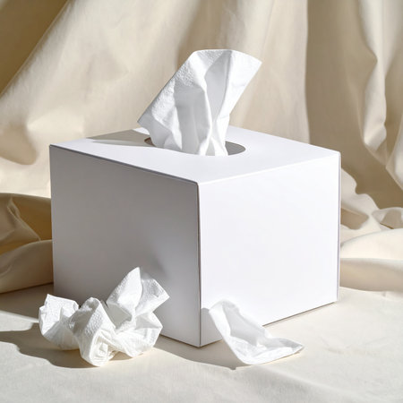 Crumpled tissues in a white box on a beige backgroundの素材