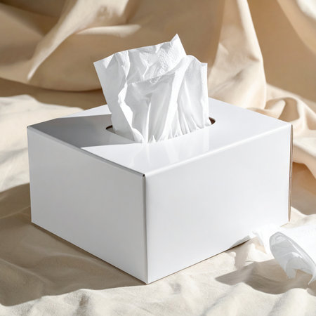 Crumpled paper tissues in a box on a beige fabricの素材
