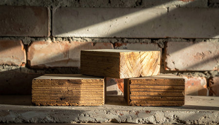 Wooden podiums on a brick wall background. Horizontal photoの素材