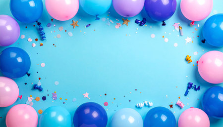 Frame of colorful balloons and confetti on blue background, flat layの素材