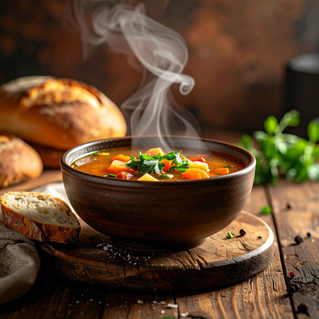 Vegetable soup in a bowl on a wooden background. Selective focus.の素材