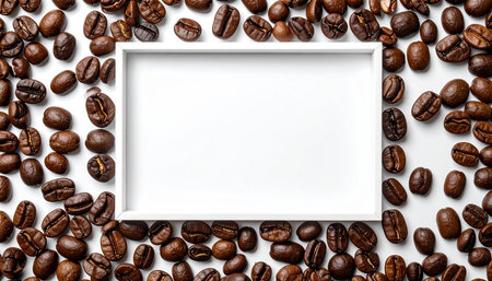 Coffee beans with a blank white frame on a white backgroundの素材