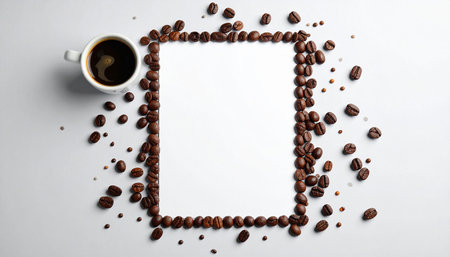 Cup of coffee and coffee beans on white background, top viewの素材