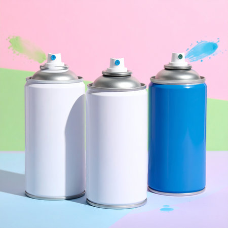 Spray paint cans on colorful background. Graffiti supplies. Creative concept.の素材