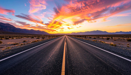 Highway in Death Valley National Park at sunset, California, USAの素材