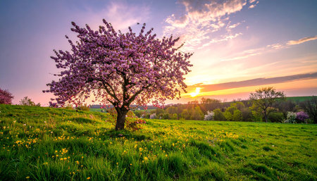 Beautiful spring landscape with blooming tree on meadow at sunsetの素材