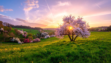Sunset over a meadow with blooming cherry trees in springの素材