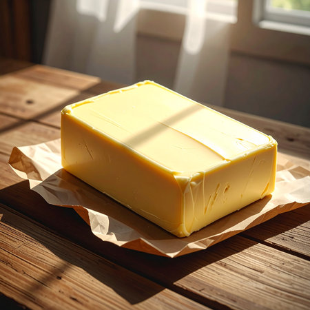 Butter on a wooden table in the sun. Close-up.の素材