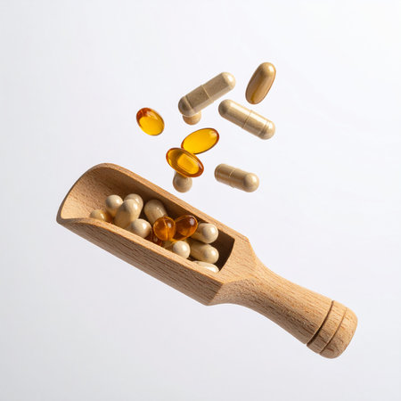 Capsules and pills in a wooden scoop on a white backgroundの素材