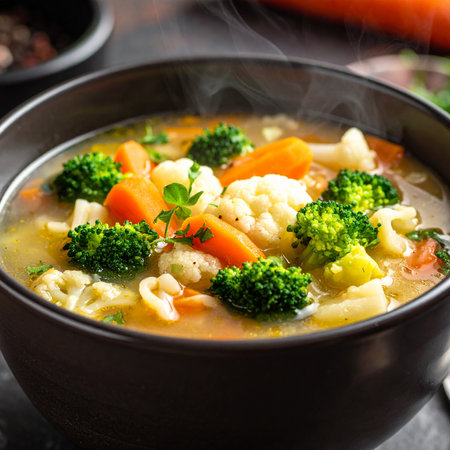Vegetable soup with cauliflower, carrots and broccoli in bowlの素材