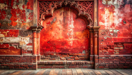 Old red brick wall with arabic ornaments and wooden floorの素材