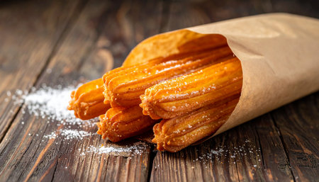 Churros in paper bag on wooden table, close-upの素材