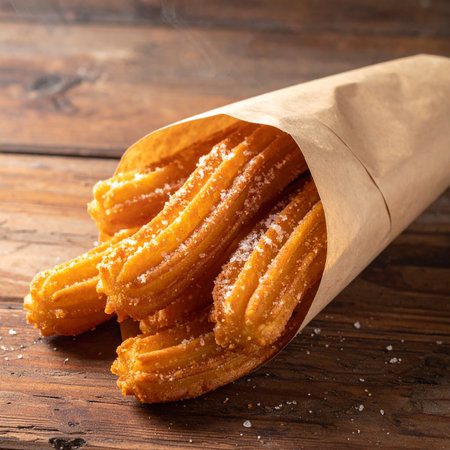 Homemade churros with sugar on wooden background, selective focusの素材