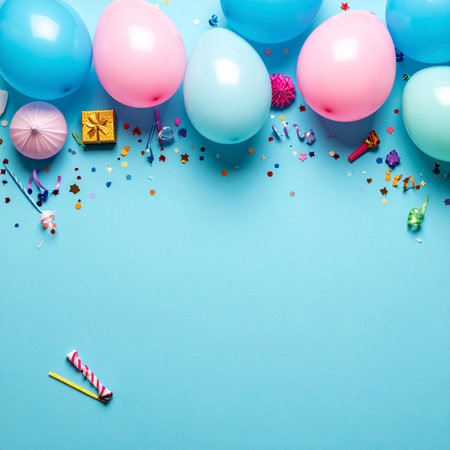 Birthday party background with balloons, confetti and gift box on blueの素材