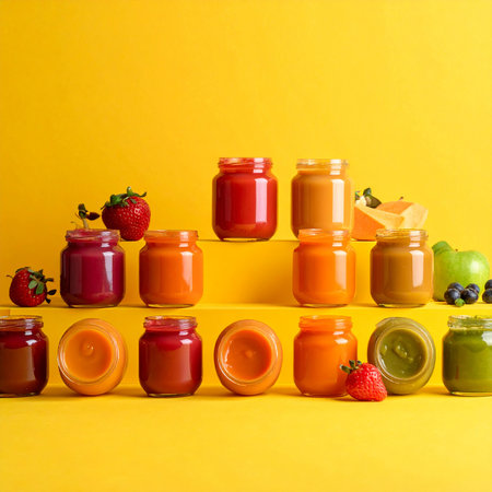 Jars of baby food on yellow background. Healthy food concept.の素材
