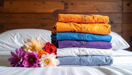 Pile of colorful clothes and flowers on the bed in the bedroomの素材