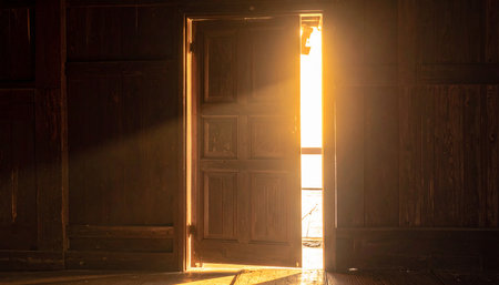 The light from the opening of the door. The sun shines through the wooden door.の素材