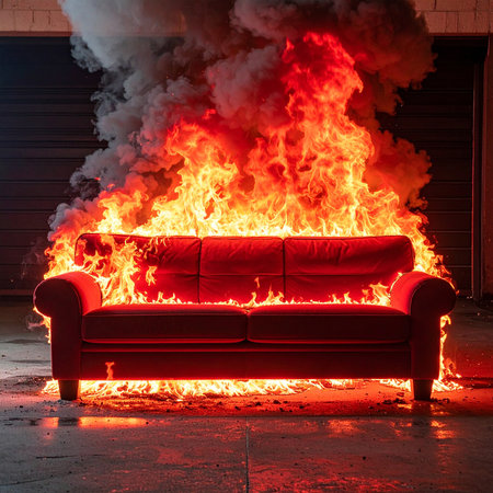 Red sofa with fire on the background of brick wall. Fire in the interior.の素材