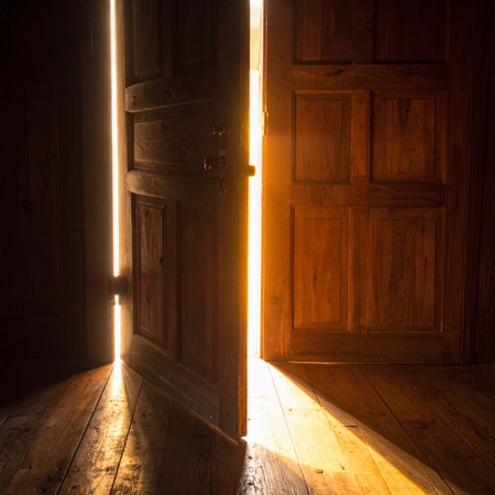Wooden door with light coming from the end in a dark roomの素材