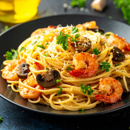 Spaghetti with shrimps, mushrooms and parmesan cheese. Italian foodの素材