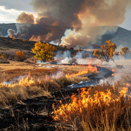 Burning dry grass on the background of the mountains and forest.の素材