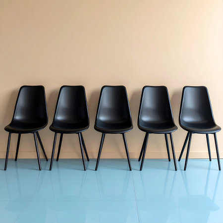 Row of black chairs in a waiting room. 3D render.の素材