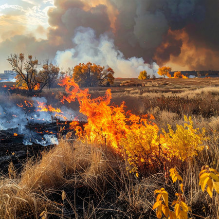 Burning dry grass in the field. Fire in the field.の素材