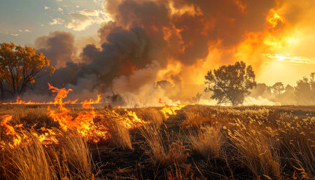 fire burning grass and dry grass in the field at sunset, natural disasterの素材