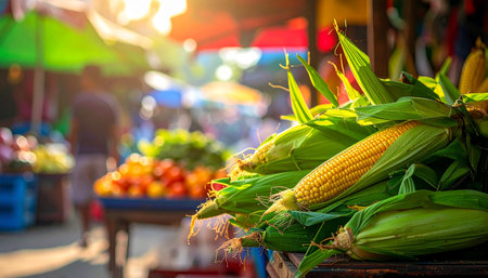 Fresh corn on the cob on the street market. Selective focus.の素材