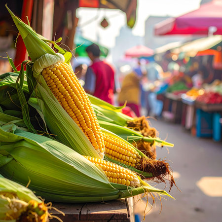 Ripe corn on the cob at the market. Selective focus.の素材