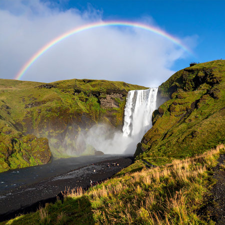 Skogafoss waterfall and rainbow in Skogafoss, Icelandの素材