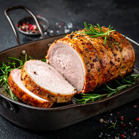 Baked pork loin with rosemary and spices on a black backgroundの素材