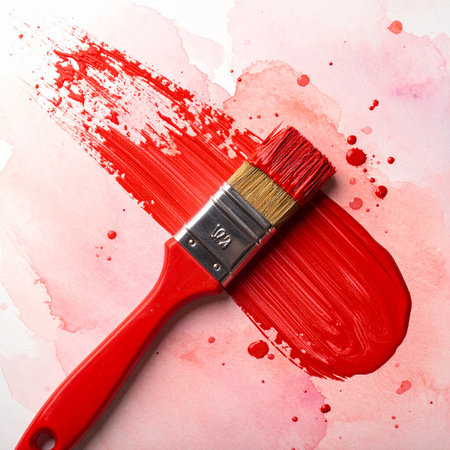 Paint brush with red paint on watercolor background, top viewの素材
